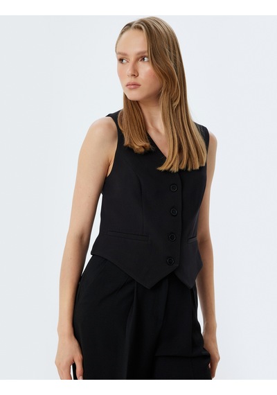 Koton Blazer Yelek Düğmeli V Yaka Regular Fit Siyah 5wak20007uw Siyah