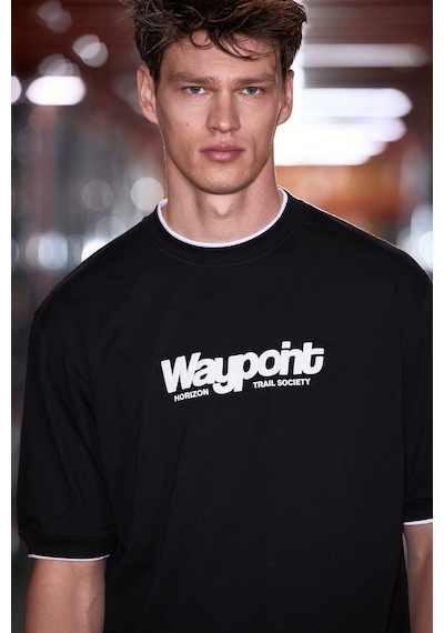 Grımelange Rough Erkek %100 Organik Pamuklu Kontrast Biyeli Baskı Detaylı Regular Fit Siyah T-shirt