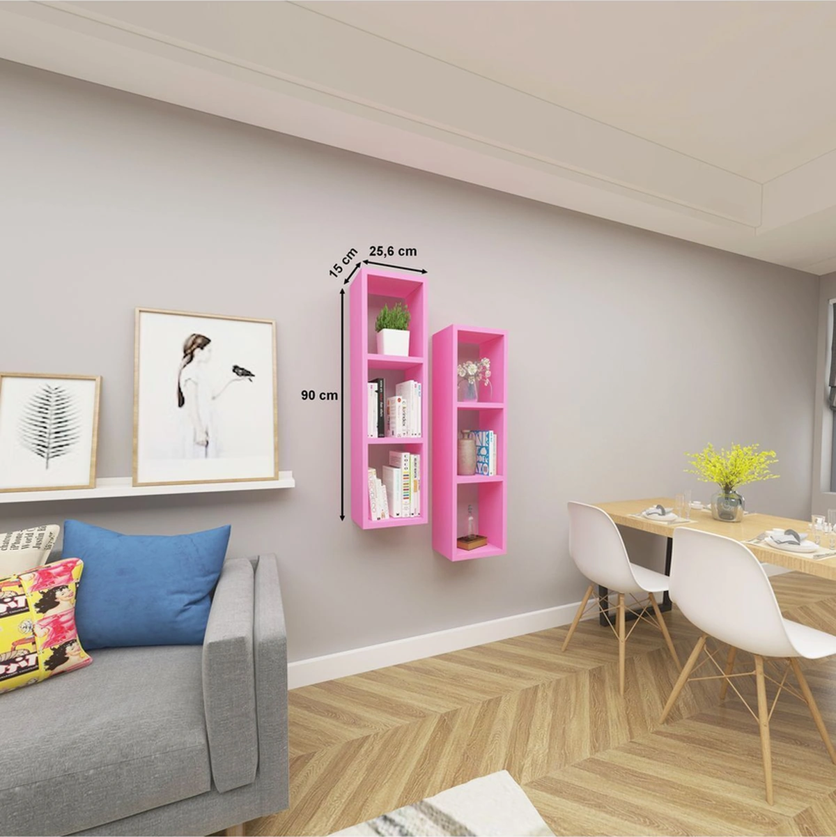 Kitaplık Salon Duvar Rafı Çapraz Ikili Mobilya Takım Pembe Pembe