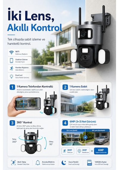 2 Kameralı 3+3mp Wıfı Güvenlik Kamerası - 360 Otomatik - Gece Görüş - Hareket - Algılama - Takip 76521098