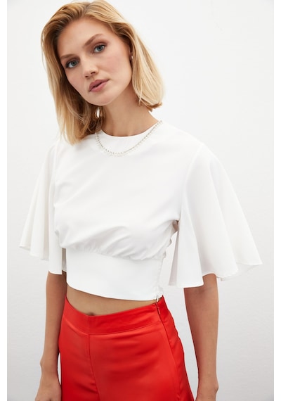 Sateen Kolyeli Kısa Kol Bluz - Ekru