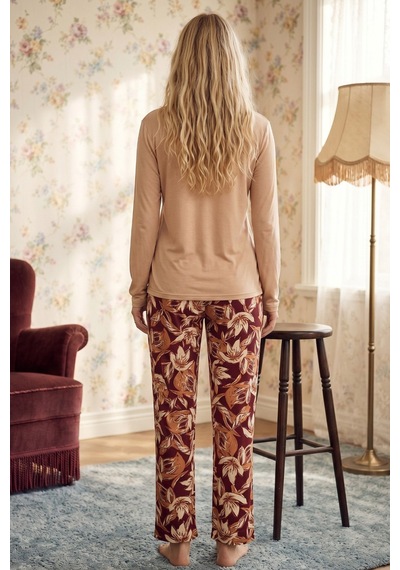 Siyah İnci Ten Rengi V Yaka Nakışlı Viskon Örme Pijama Takım 26224662