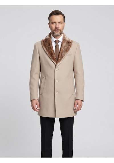 Plus Scorpion Erkek Uzun Kaşe Kaban Çıkartılabilir Kürk Yaka, Astarlı Ve Cepli Slim Fit Mont Bej