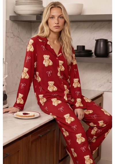 Siyah İnci Desenli Termal Kumaşlı Ultra Soft Yumuşak Düğmeli Örme Pijama Takımı 26226120 Kırmızı