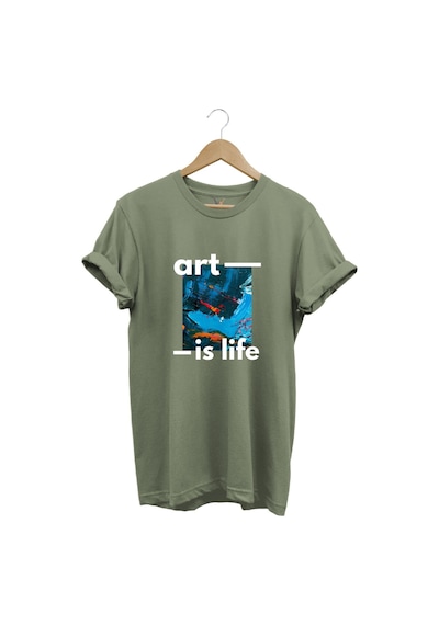 Sanatsal Renkli Tasarım Baskılı Art İs Life Yazılı %100 Pamuk Regular Fit Unisex T-shirt Haki