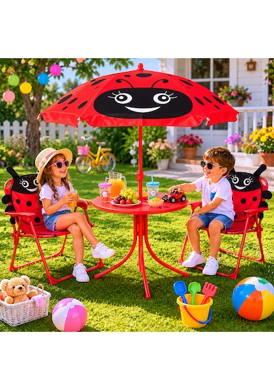 Uğur Böceği Çocuk Bahçe Masa Sandalye Ve Şemsiye Seti 2 Sandalye+1 Masa+1 Adet Şemsiye Kırmızı