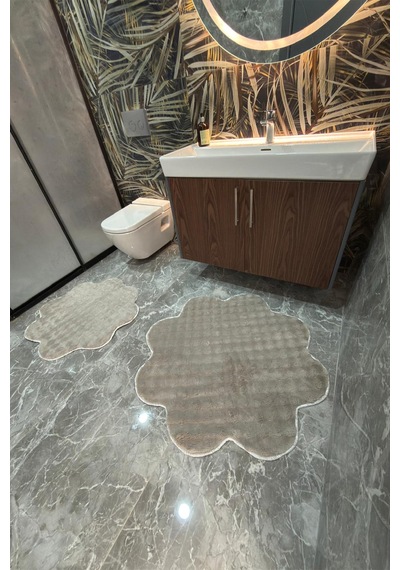 Bubble Papatya Banyo Paspası 2'li Set Pofuduk Yumuşak Peluş Kaymaz Taban Dekoratif Banyo Halısı Kum