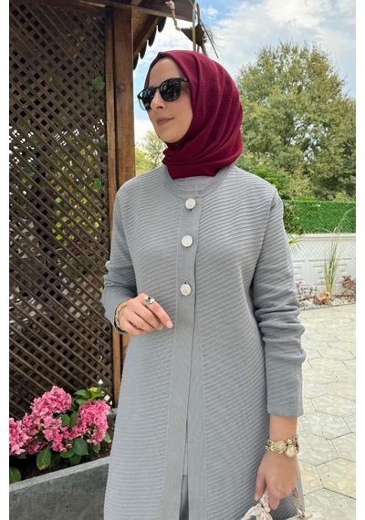 Rabia Şamlı Sinem Çelik Örme Triko Hırka Gri Normal