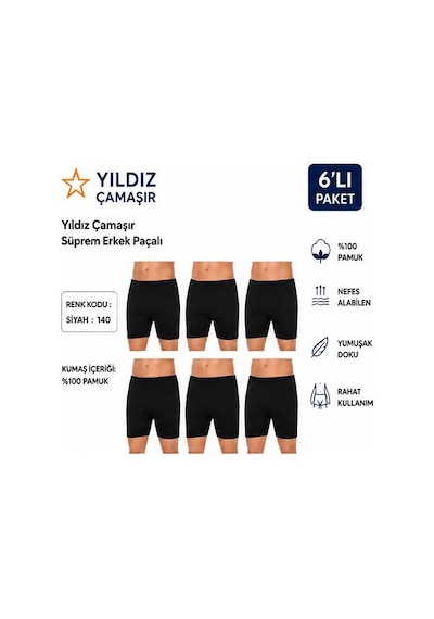 Yıldız Çamaşır Erkek Süprem Erkek Paçalı Boxer 05-140-141 - 6 Adet Siyah