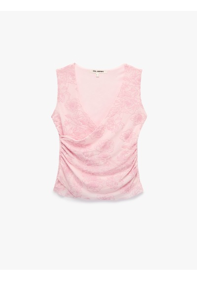 Koton Slim Fit Kruvaze Yaka Kolsuz Çiçekli Tül Bluz Pembe Desenli 7wal30012ık