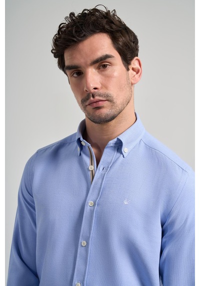 İmza Uzun Kol Desenli Armürlü Düğmeli Yaka Cepsiz Pamuklu Casual Slim Fit Gömlek 1004250206 Mavi