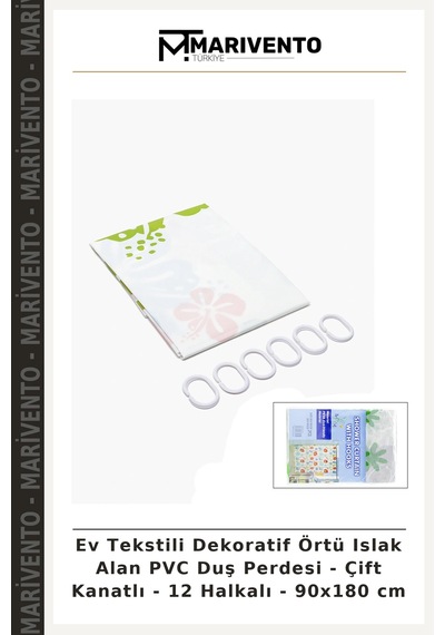 Ev Tekstili Dekoratif Örtü Islak Alan Pvc Duş Perdesi - Çift Kanatlı - 12 Halkalı - 90x180 Cm Çok Renkli
