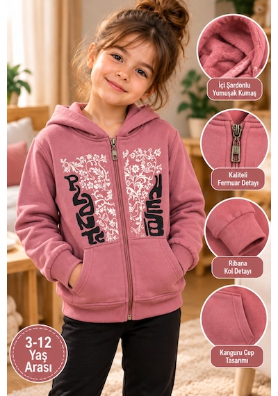 Üç Gül Ticaret Kız Çocuk 3-12 Yaş Kapüşonlu Fermuarlı Sweatshirt İçi Şardonlu Mor