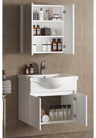 Yıldız 65+35 Cm Beyaz Mdf Seramik Lavabolu Sepetli Asma Banyo Dolabı Takımı
