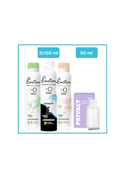 Emotion Invisible Fresh + Natural Bloom + Natural Breeze Kadın Sprey Deodorant 3 x 150 ML + Privacy Limited Edition Kadın Parfüm EDP 50 ML