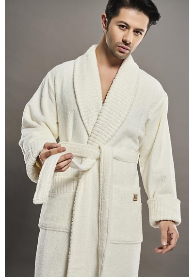 Yaka Fitilli %100 Organik Cotton Cotton Erkek Bornozu Krem