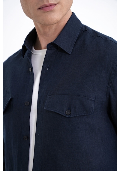Comfort Fit Yan Cepli %100 Keten Lacivert Gömlek Ceket G 1602