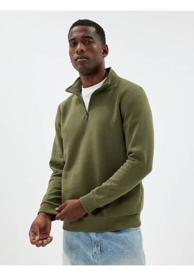 Koton Yarım Fermuarlı Yaka Sweatshirt Uzun Kollu Pamuk Karışımlı Haki 5wam70002mk Haki