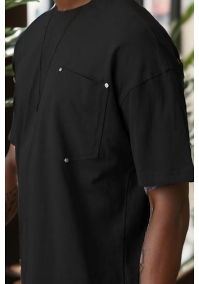 Balenbi Unisex Bisiklet Yaka Oversize Kalıp Penye Tişört 1004 Siyah 3 Siyah