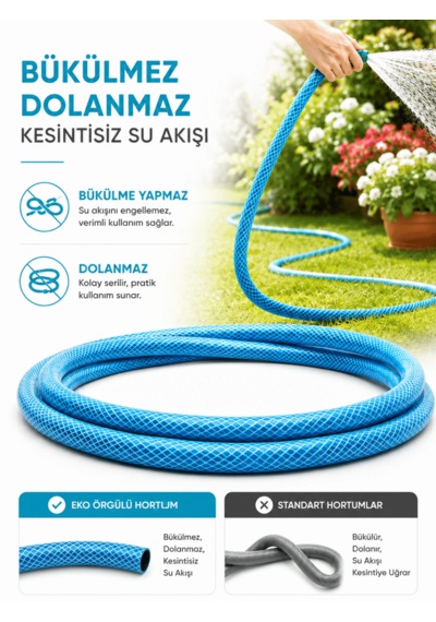Beylini 1/2" 25 Metre Örgülü Bahçe Hortumu Balkon Bahçe Sulama Temizlik Araç Su Hortumu Dolanmaz Kırılmaz Mavi