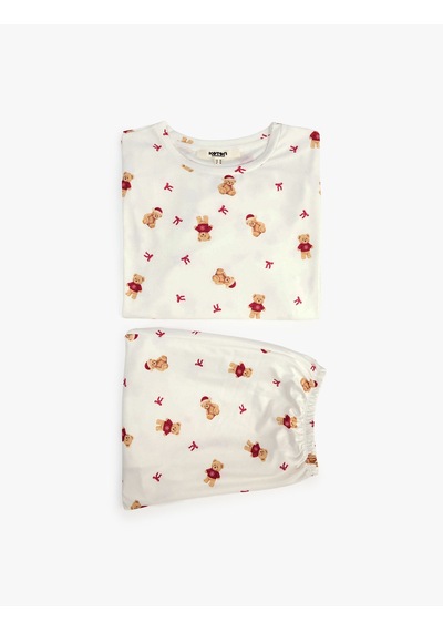 Koton Rahat Kesim Uzun Kollu Bisiklet Yaka Ayıcık Baskılı Pijama Takımı Ekru Desenli 7wlk40321mk