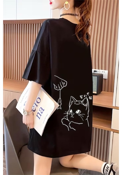 Fish And Cat Kadın Oversize Basic Bisiklet Yaka Pamuklu T-shirt Rahat Kesim Unisex SIYAH