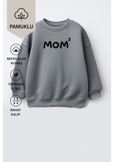 Monila Unisex Çocuk Anne Baskılı 3 İplik Kumaş Pamuklu Sweatshirt Gri Siyah