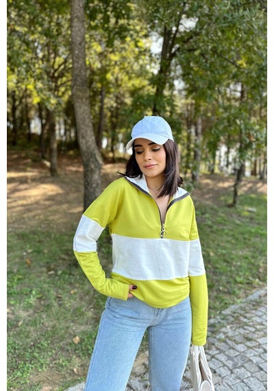 WeShaya Kadın Yağ Yeşili Uzun Kol, Dik Yaka, Fermuarlı, Double Color Block Basic Sweatshirt Bluz Yağ Yeşili WeShaya Kadın Yağ Yeşili Uzun Kol, Dik Yaka, Fermuarlı, Double Color Block Basic Sweatshirt Bluz Yağ Yeşili
