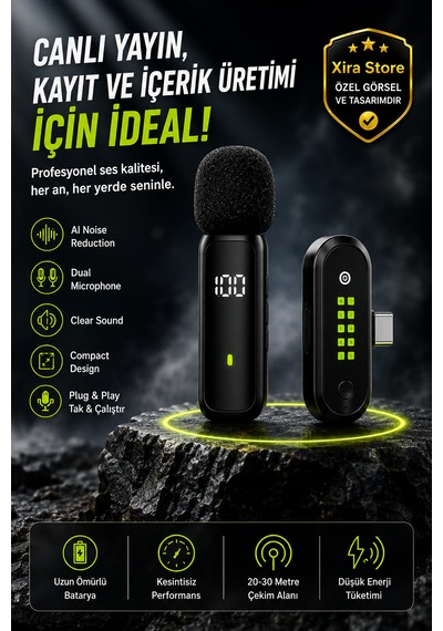 Bwc-10 Çiftli Kablosuz Mikrofon Type-c Lightning Aı Gürültü Engelleme Dijital Ekran Tripodlu 20-30 Metre