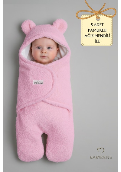 Babyden's 0-12 Ay Welsoft Peluş Bebek Dış Kundak Uyku Tulumu Ayıcık Kulaklı İçi %100 Pamuk Astarlı Battaniye Pembe