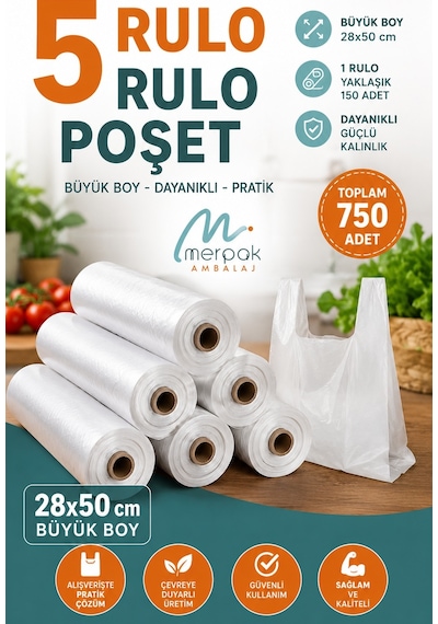 Rulo Poşet Büyük Boy X5 Rulo Market Manav Poşeti Atlet Poşet Çöp Poşeti