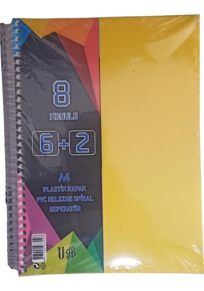 6+2 Ayraçlı Defter 8 Konulu 200 Yaprak 1 Adet 6 Kareli 2 Çizgili Spralli Plastik Kapak Seperatörlü Sarı