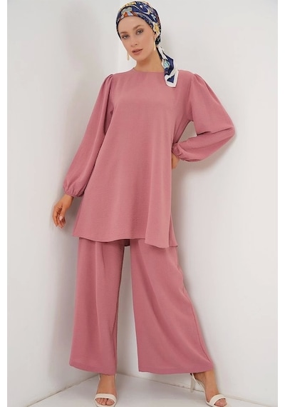 Defymoda Ayrobin Tunik Pantolon Alt Üst Takım 6712 - Pembe Pembe