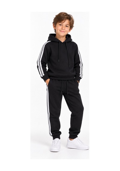 Monox Unisex Çocuk Kapüşonlu Oversize 2 Li Eşofman Takımı 7-10 Yaş 3 İplik Pamuklu Siyah
