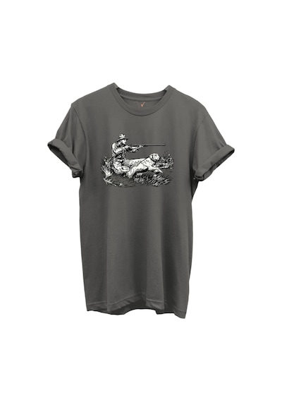 Outdoor Avcılık Avcı Ve Köpek Desenli %100 Pamuk Regular Fit Bisiklet Yaka Unisex T-shirt Antrasit