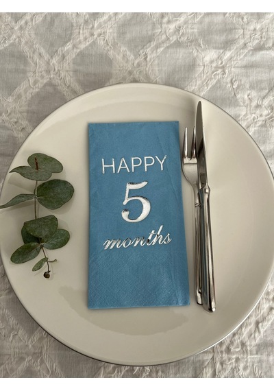 Gümüş Yaldızlı Mavi Happy 5 Yaş Months Garson Katlama Peçete 16 Adet