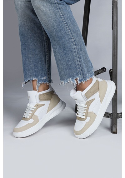 Jump 29100 Yüksek Bilekli Bej - Beyaz Kadın Sneaker Günlük Spor Ayakkabı Bej - Beyaz