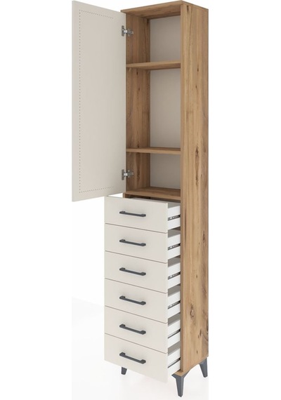 Arges Dolap 3 Raflı 6 Çekmeceli Tek Kapaklı 44x30x221 Çam-aytaşı Çam