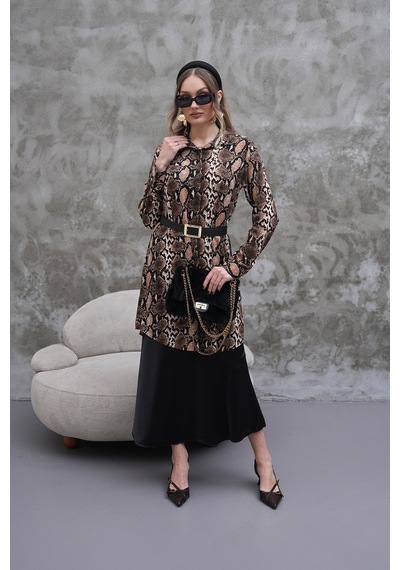 Polologin Butik Yılan Derisi Desenli Tunik Kahverengi & Siyah