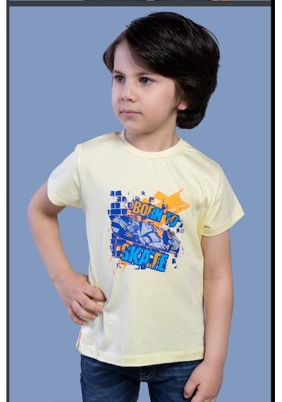 Toontoy Kids Toontoy Erkek Çocuk Baskılı Bisiklet Yaka Kısa Kollu Tişört Açık Sarı