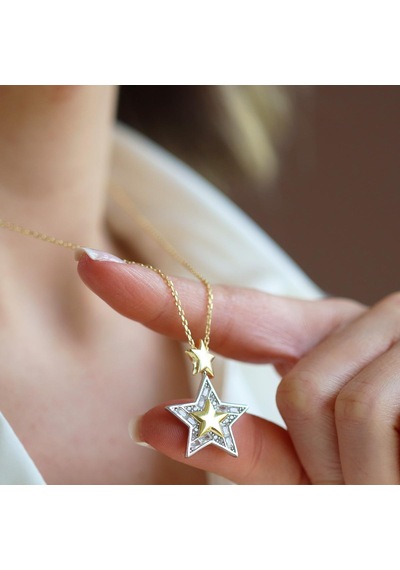Necati Gün Stars Baget Taşlı Gold Gümüş Kolye Gümüş