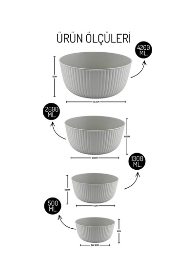 Luno Model 4 Lü Kapaklı Kase Seti 500/1300/2600/4200ml - Saklama Kabı Seti Açık Gri