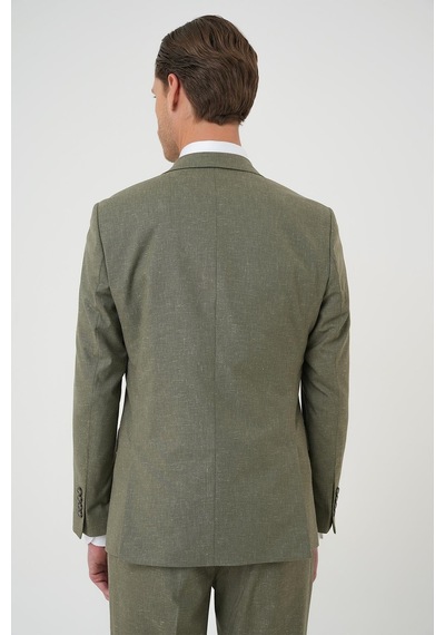 Efor Slim Fit Çift Yırtmaç Keten Karışımlı Yelekli Klasik Haki Takım Elbise Tk 914 Haki