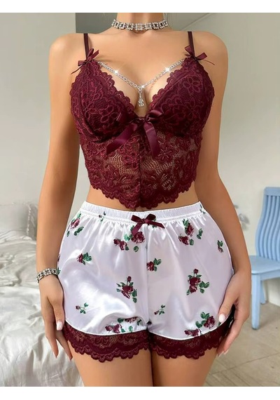 Ece's Design Dantelli 2 Li Şortlu Pijama Takımı Rahat & Şık Home Wear W2004 Bordo