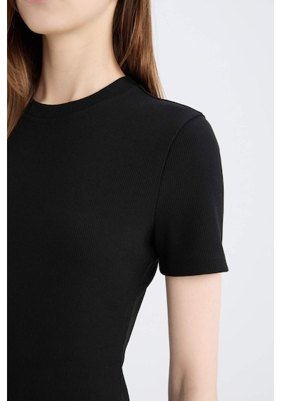 DeFacto Bodycon Vücudu Saran Bisiklet Yaka Basic Düz Fitilli Kaşkorse Kısa Kollu Midi Elbise E6926AX25SPBK81