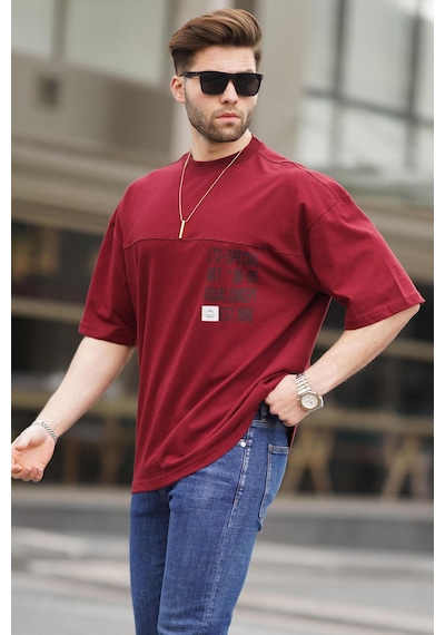 Madmext Bordo Oversize Baskılı Erkek Tişört 6193-bordo Bordo