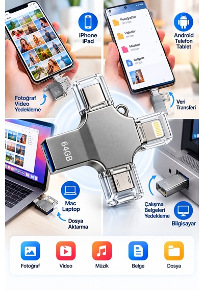 Kompakt Ve Taşınabilir Tasarıma Sahip 64gb Lightning Type C Usb Microusb Çoklu Kullanımlı Flash Bellek