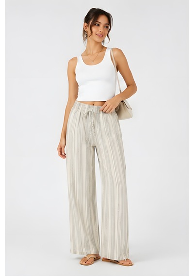 Lili Woman Kadın Yüksek Bel Çizgili Keten Karışımlı Relax Fit Pantolon E.kp01 Ekru