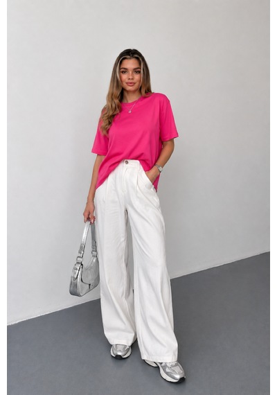 Stilera Kadın Oversize Basic Kısa Kollu Bisiklet Yaka Düz Tişört Pembe