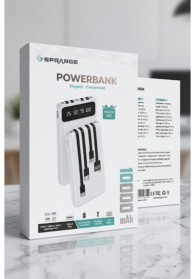 Sprange Sr-p41 10.000 Mah 4 Kablolu & Fenerli Dijital Göstergeli Powerbank Kılıf  Beyaz